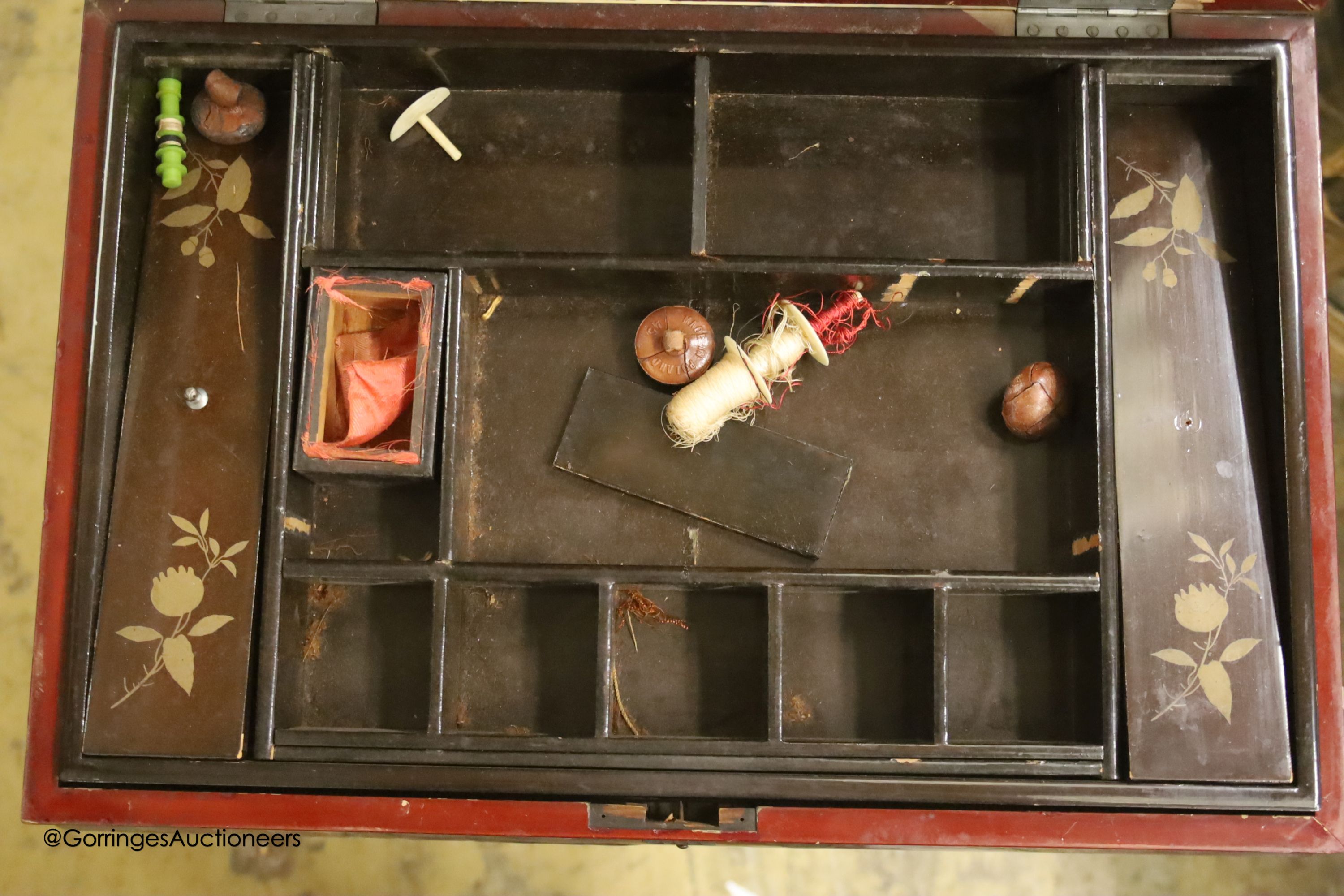 A Chinese lacquered work table, width 47cm, depth 32cm, height 69cm